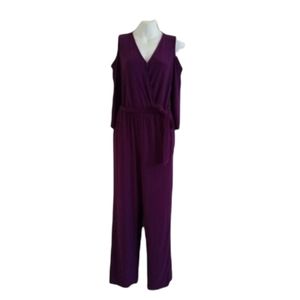 NY Collection Purple Jumpsuit Long Sleeve Cut Outs Adjustable Tie Waist